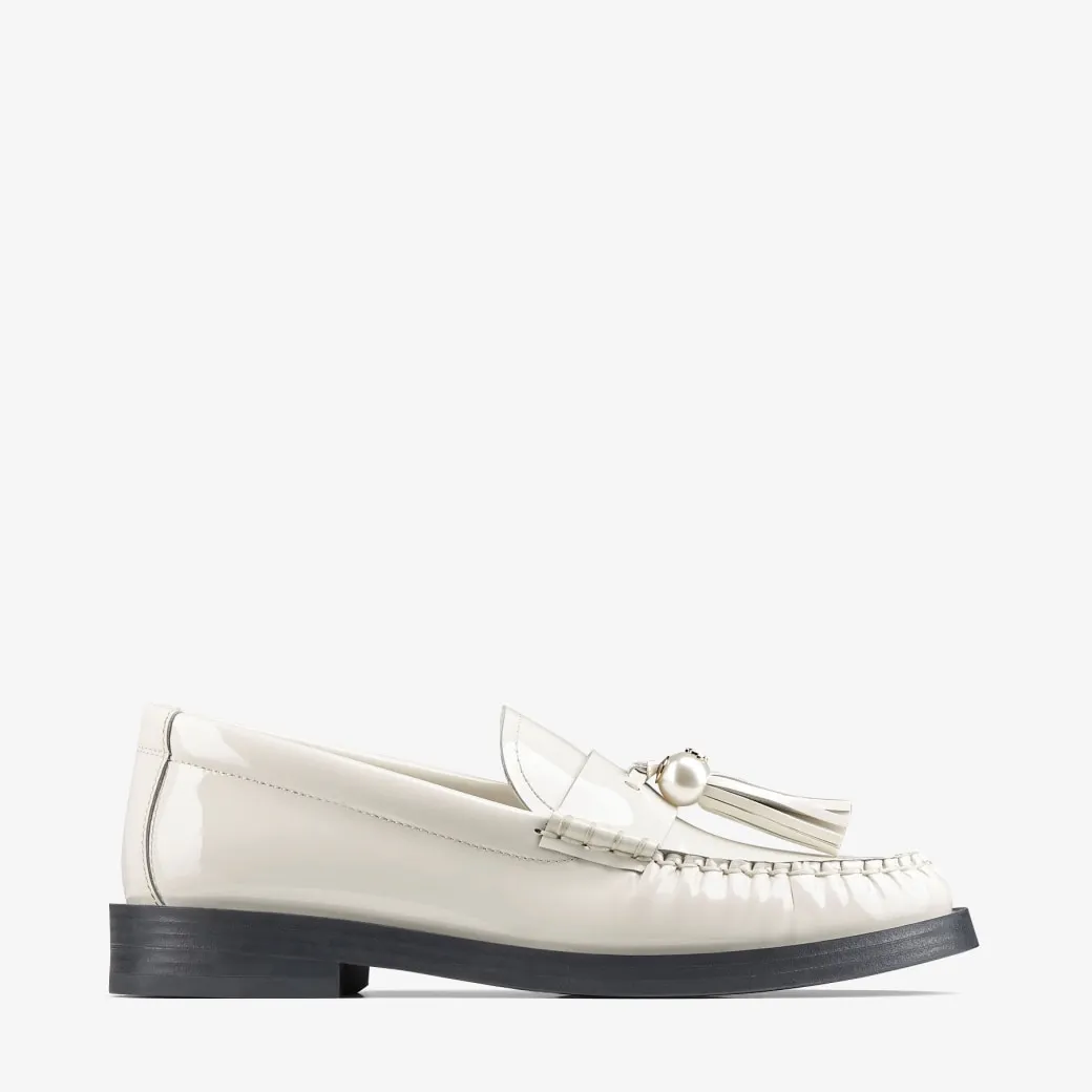 Addie Loafer Latte Patent Leather Flat Loafers with Pearl Tassel