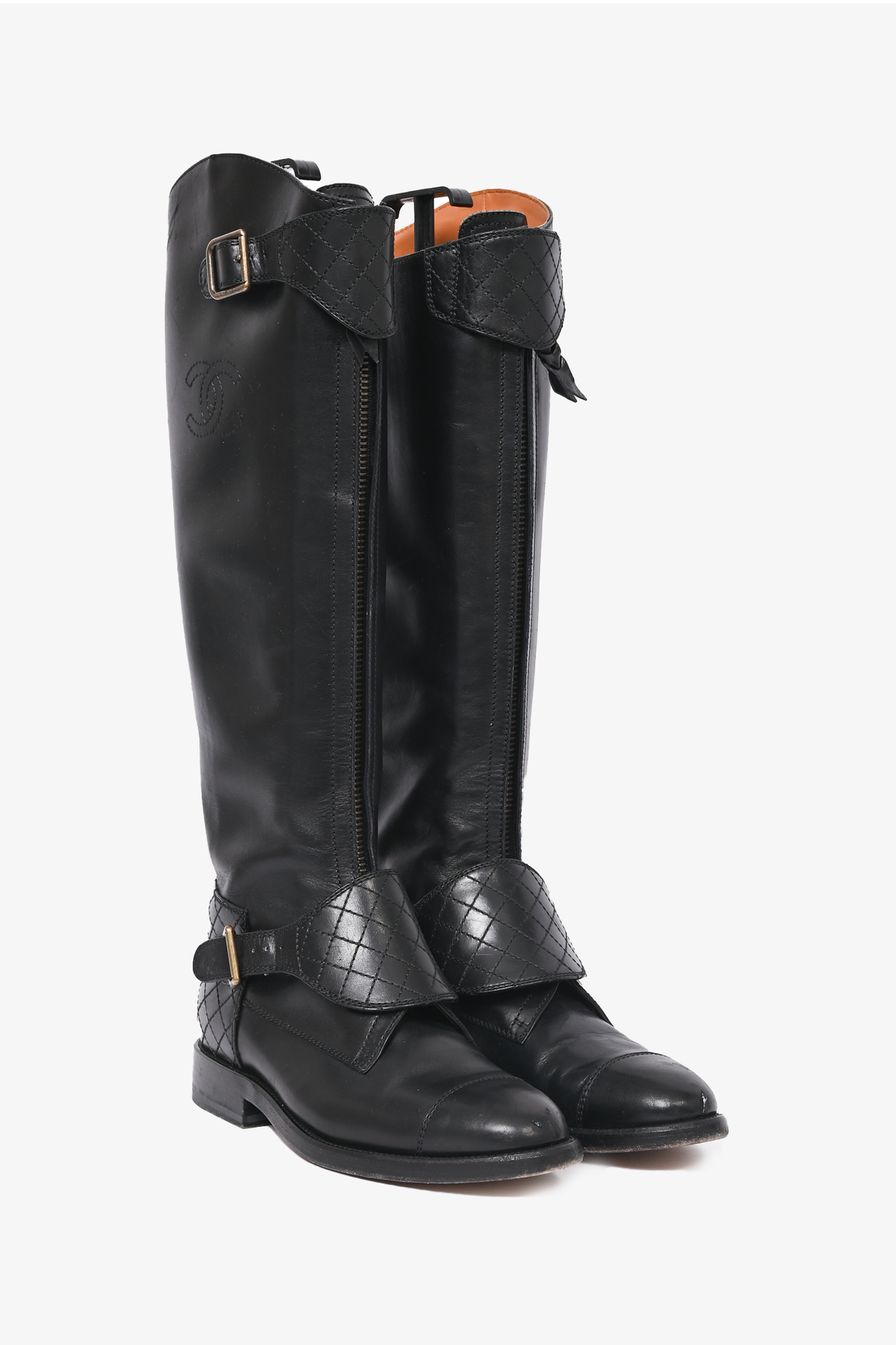 Chanel Black Leather Knee High Riding Boots with Quilted Strap Detail Size 36.5