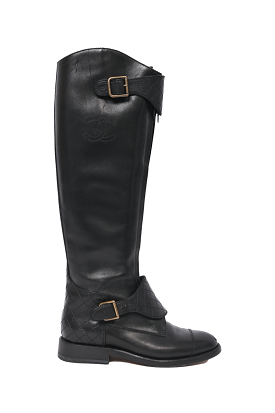 Chanel Black Leather Knee High Riding Boots with Quilted Strap Detail Size 36.5