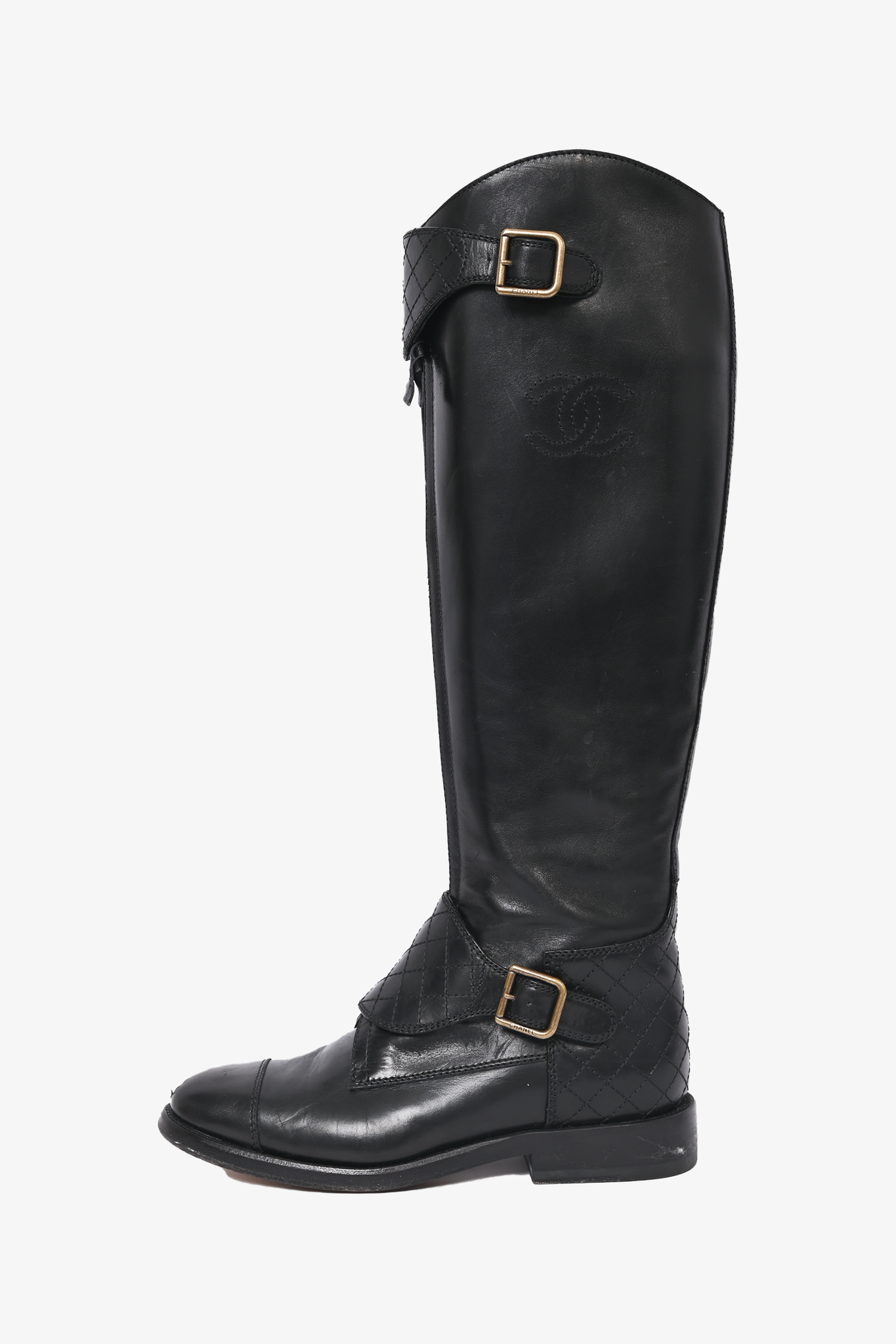 Chanel Black Leather Knee High Riding Boots with Quilted Strap Detail Size 36.5