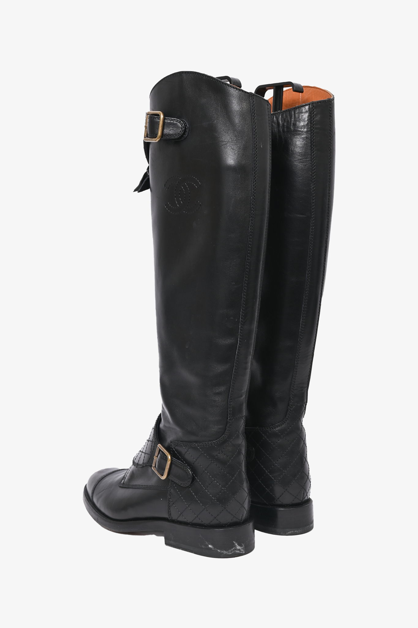 Chanel Black Leather Knee High Riding Boots with Quilted Strap Detail Size 36.5