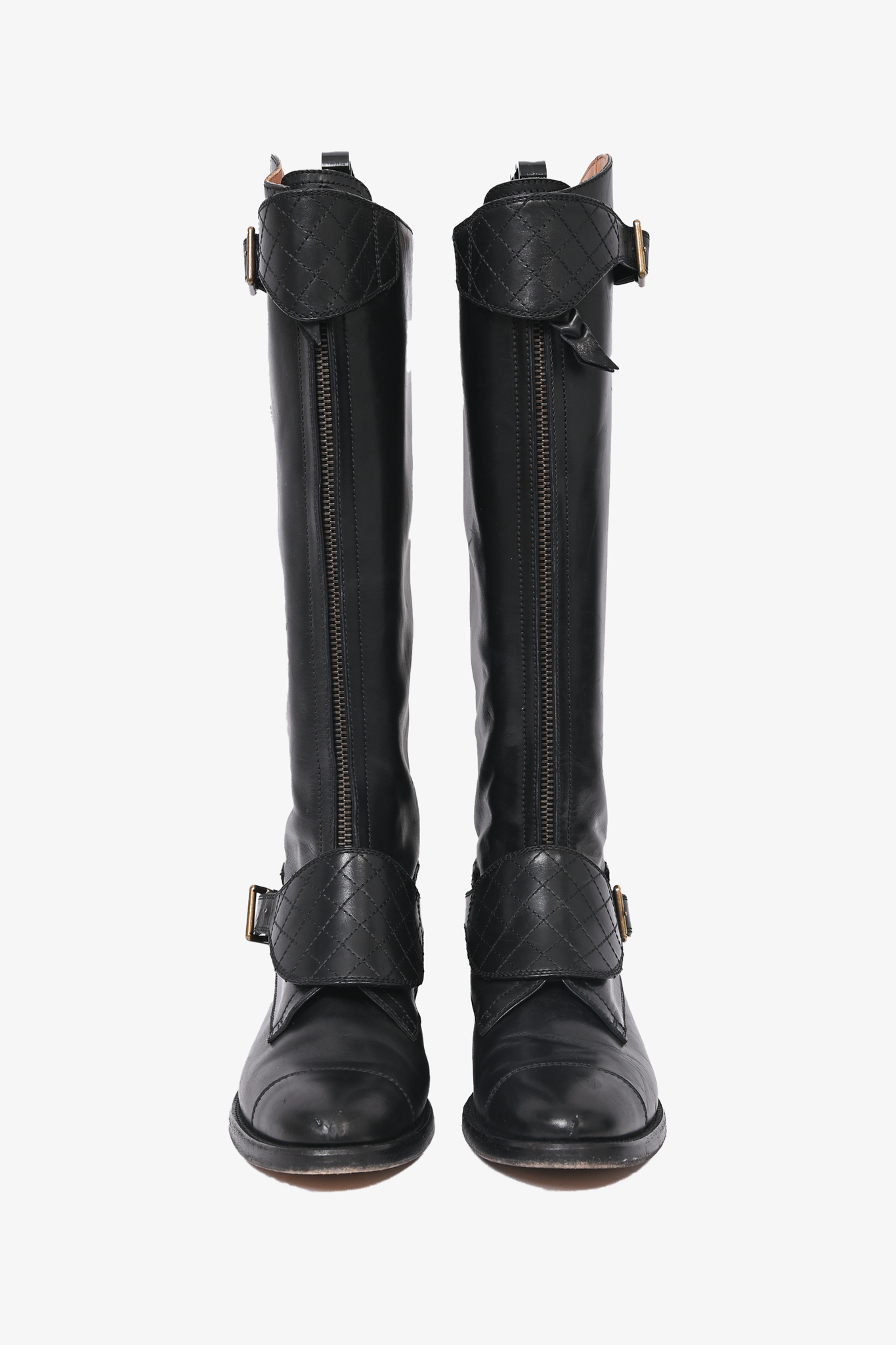 Chanel Black Leather Knee High Riding Boots with Quilted Strap Detail Size 36.5