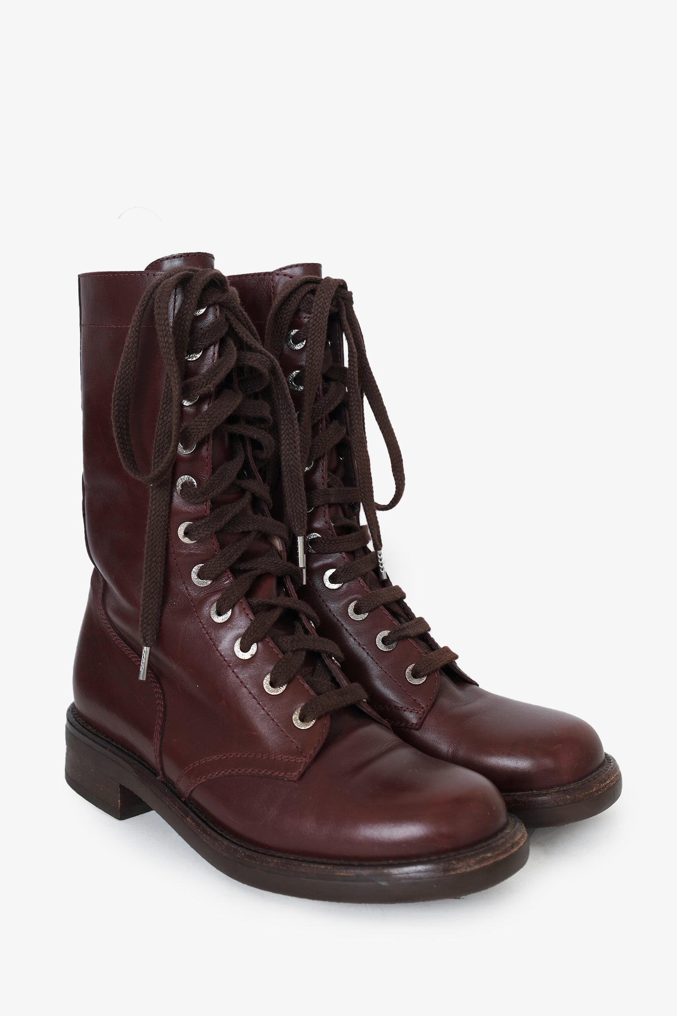 Chanel Burgundy Leather CC Lace-up Ankle Boots Size 38