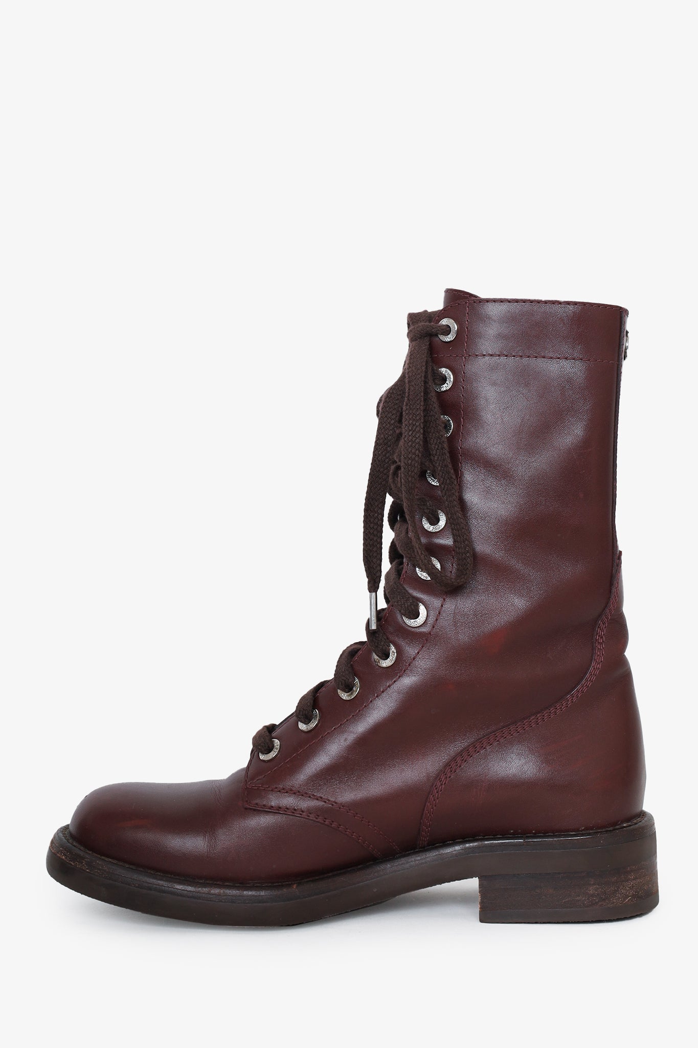 Chanel Burgundy Leather CC Lace-up Ankle Boots Size 38