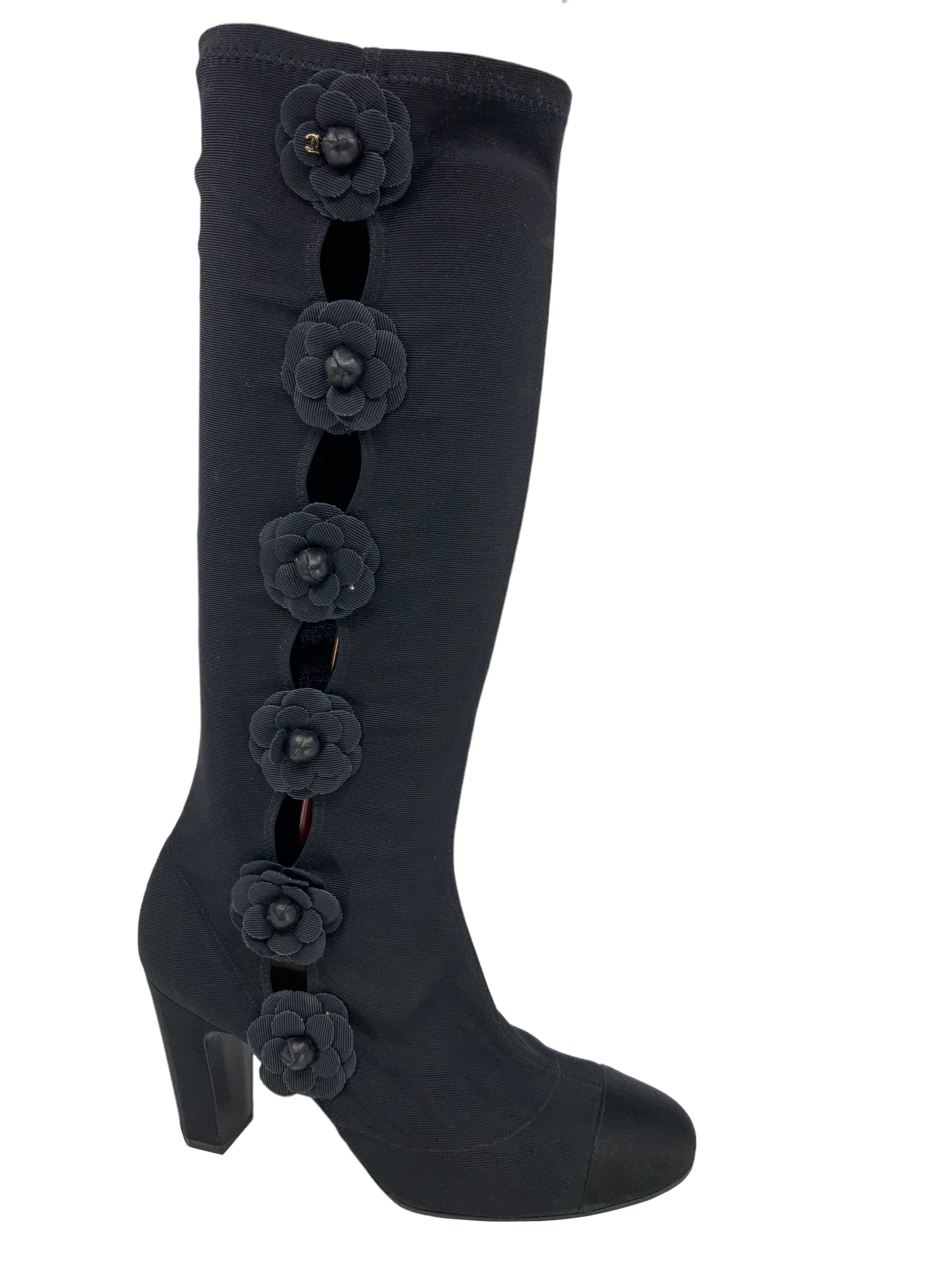 CHANEL Camellia Satin Sock Mid Calf Boots Size 10