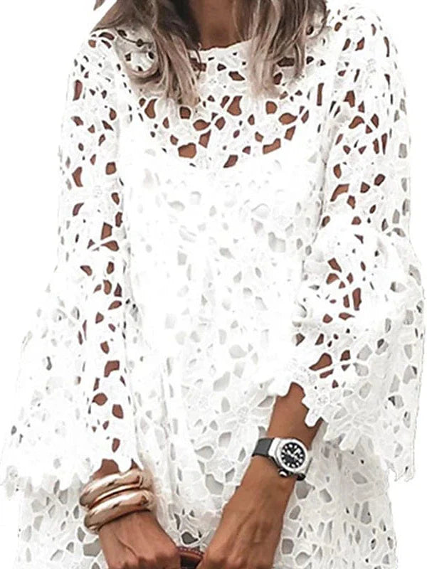 Elegant Lace Party Dress with Flare Cuff Sleeves