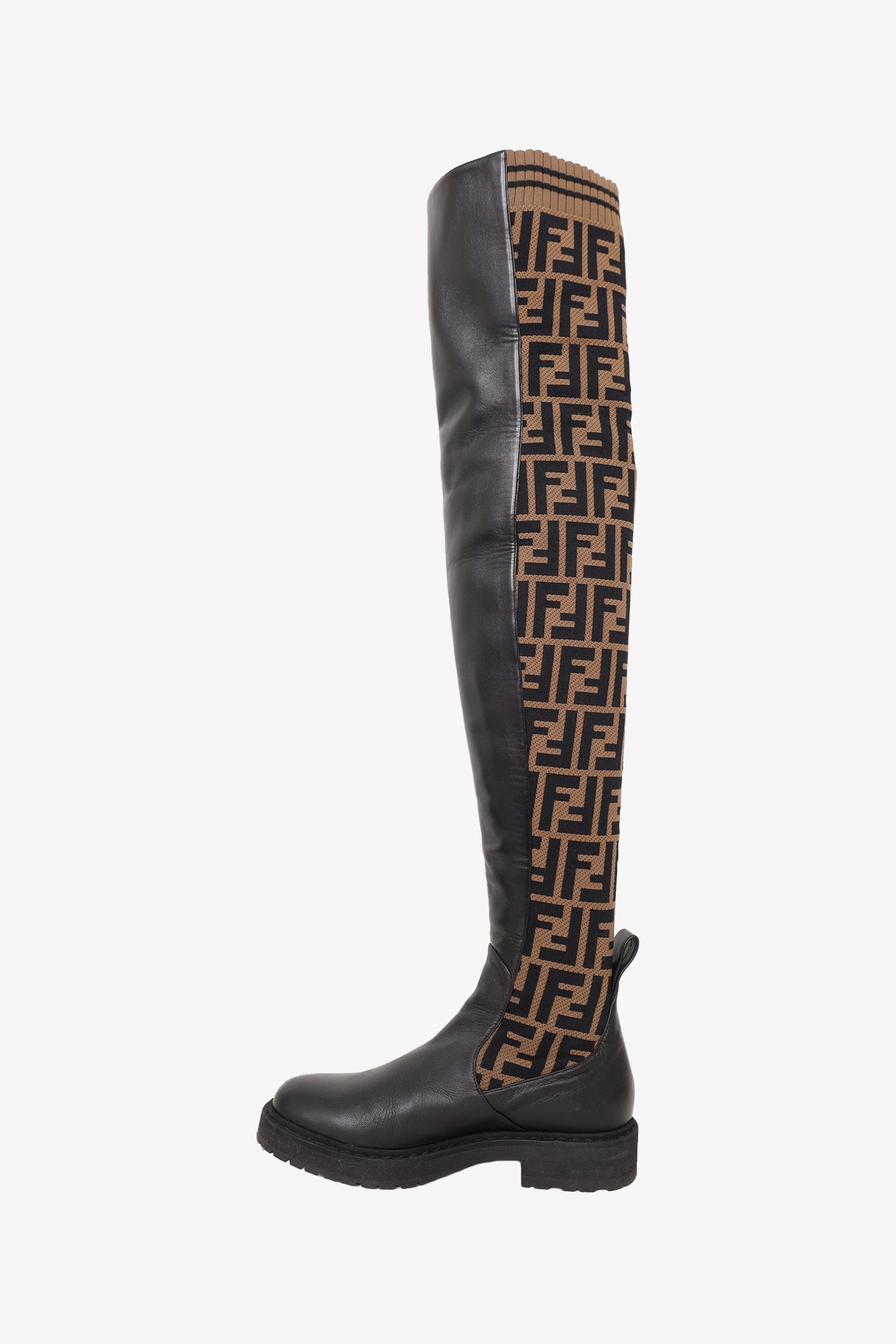 Fendi Brown Zucca Print Stretch Knit Thigh High Boots Size 35