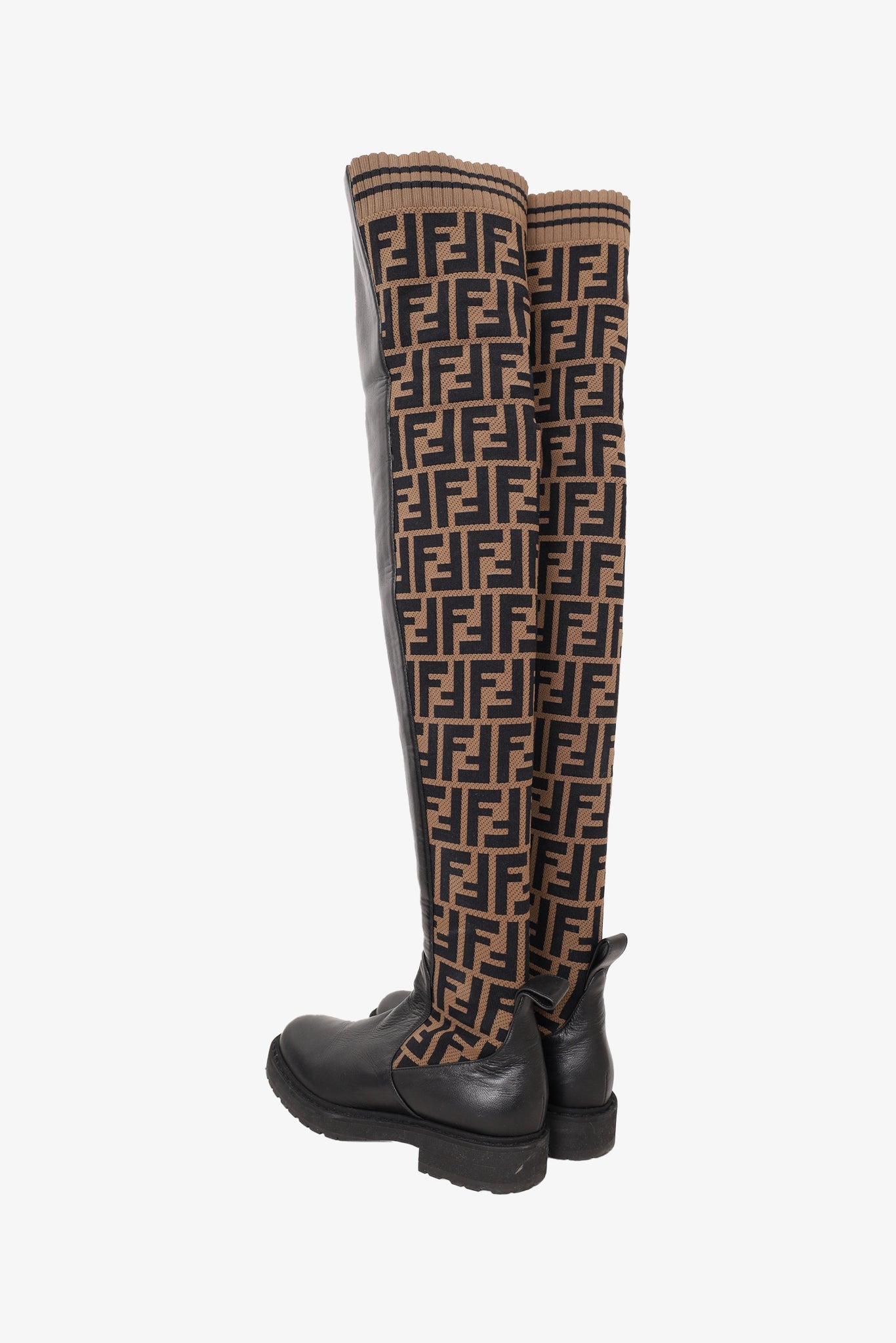 Fendi Brown Zucca Print Stretch Knit Thigh High Boots Size 35