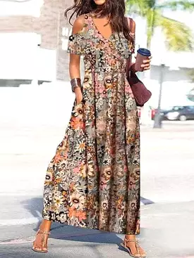 Floral Cold Shoulder Maxi Dress for Women