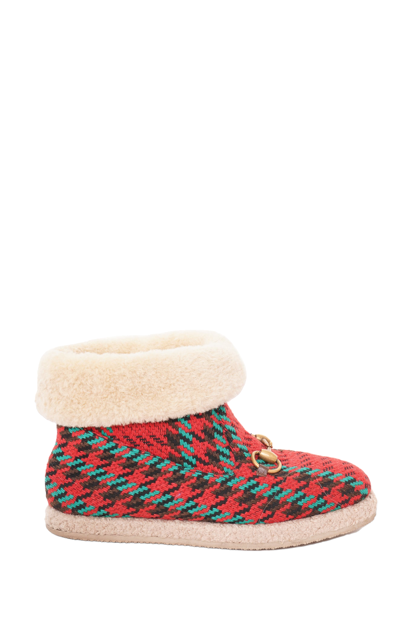 Gucci Red/Green Houndstooth Print Shearling Trim Boots with Horsebit Size 35