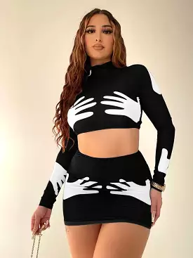 Hand Print Long Sleeve Crop Top Mini Skirt Set