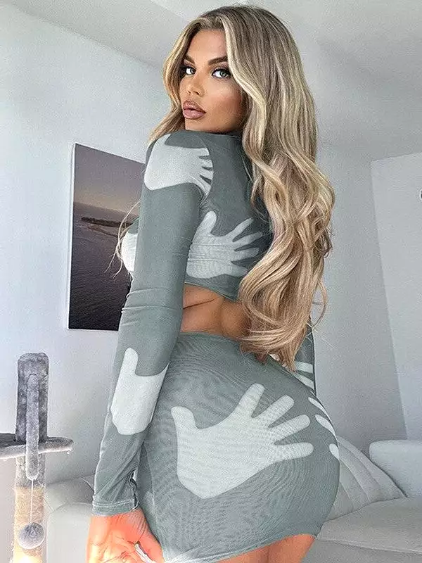 Hand Print Long Sleeve Crop Top Mini Skirt Set