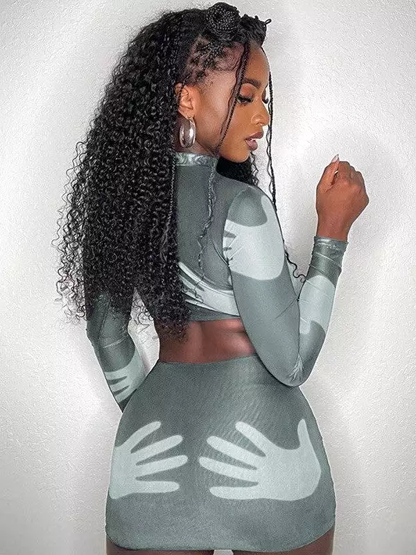 Hand Print Long Sleeve Crop Top Mini Skirt Set