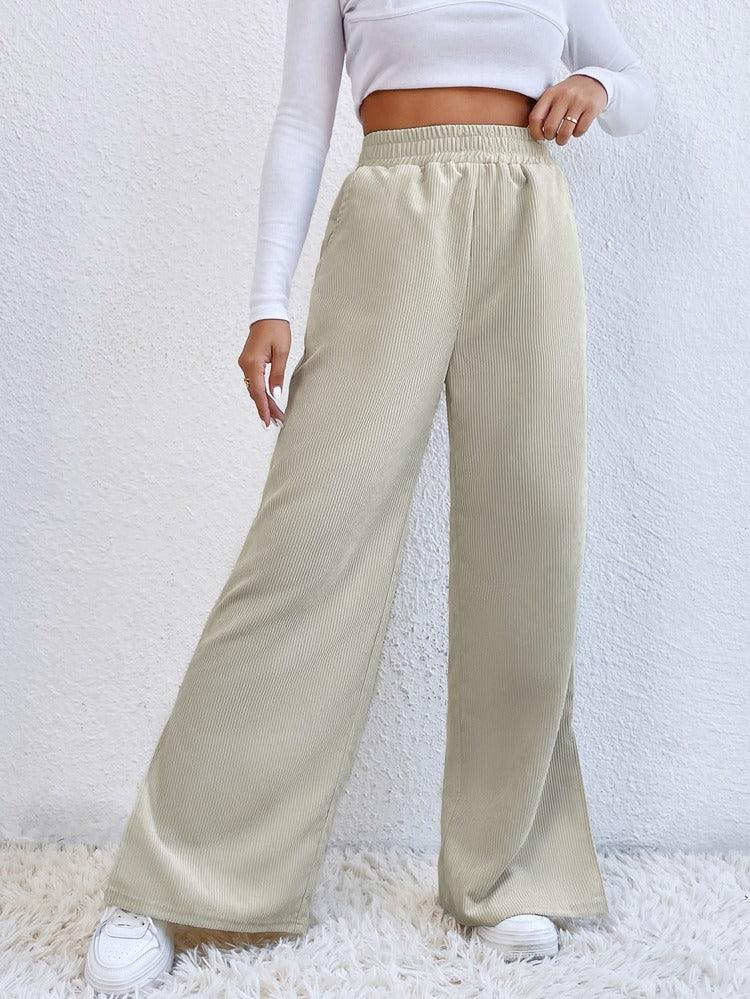 High Waist Solid Corduroy Splice Slit Bottom Pants