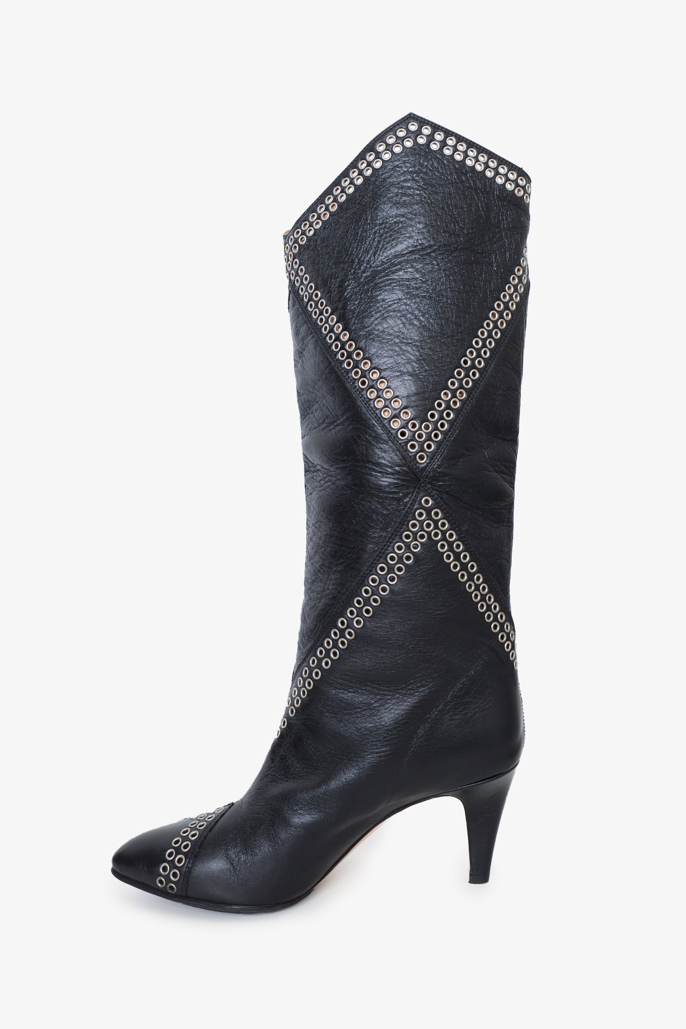 Isabel Marant Black Leather Eyelet Heeled Knee High Boots Size 38