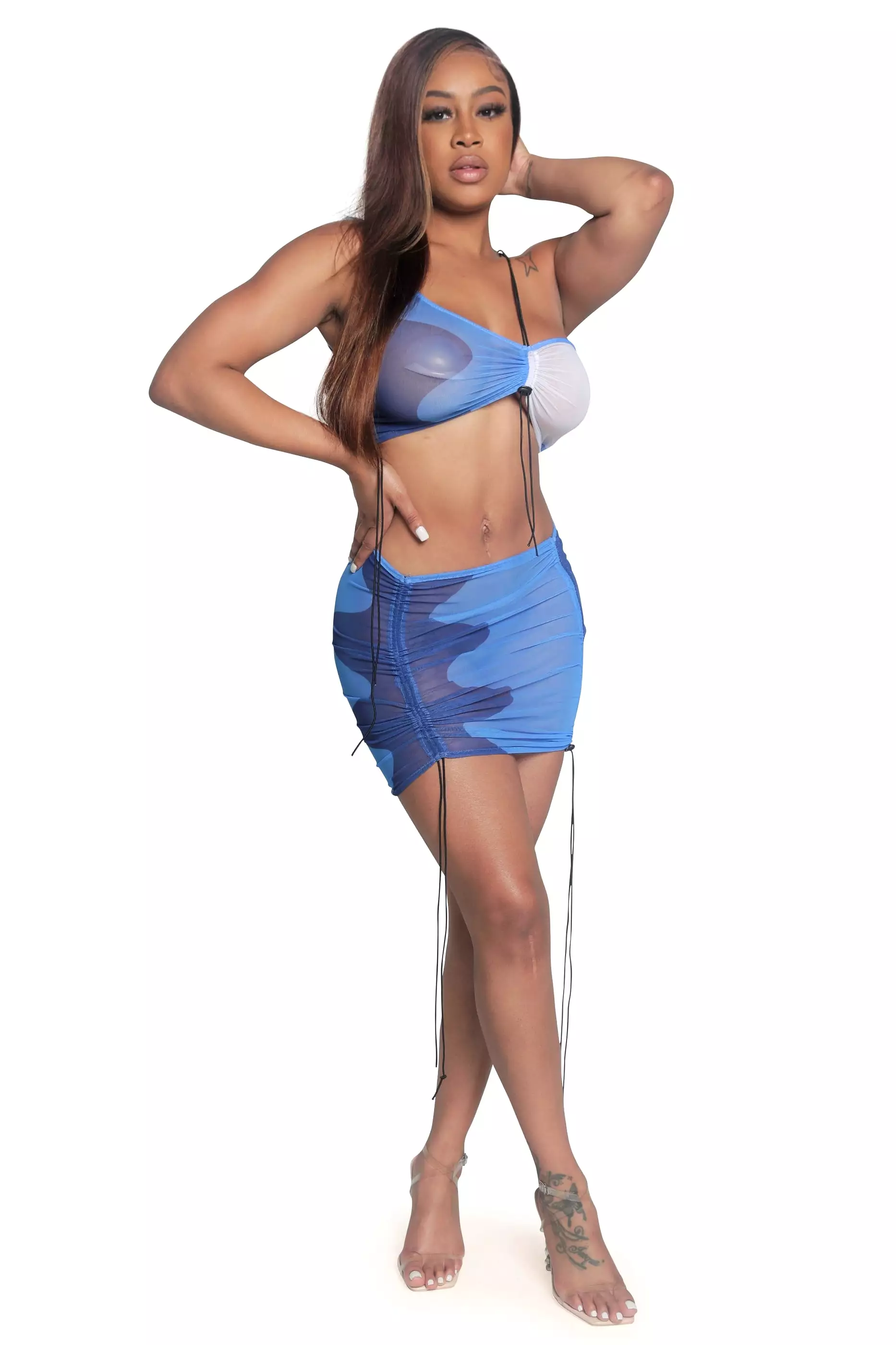 Kiss Me More Mesh Ruched Mini Skirt Set