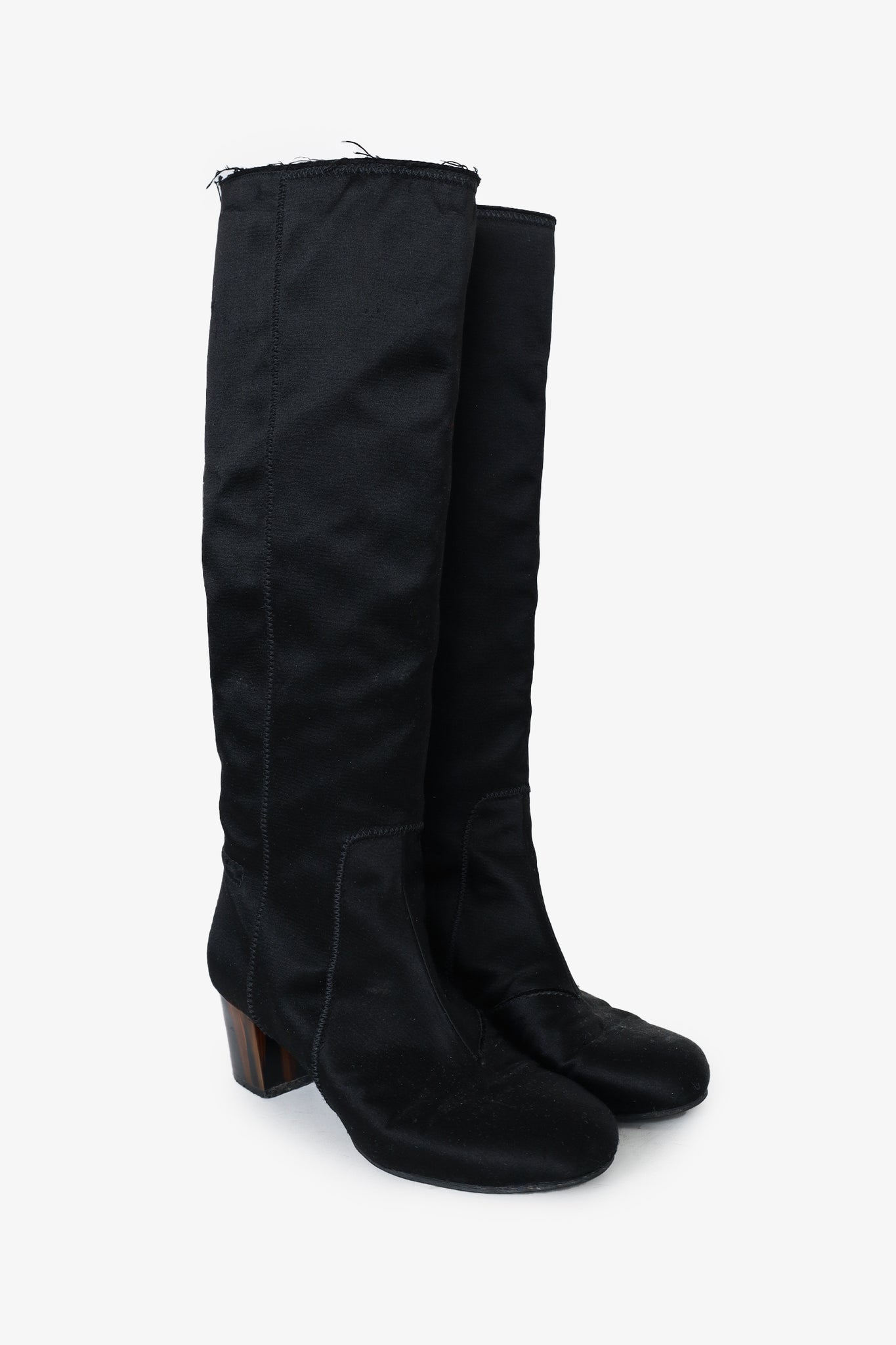 Lanvin Black Satin Raw-Edge Trim Knee High Heeled Boots Size 38