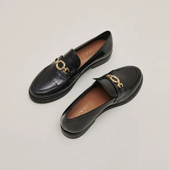 Loafers with gold buckles in black leather