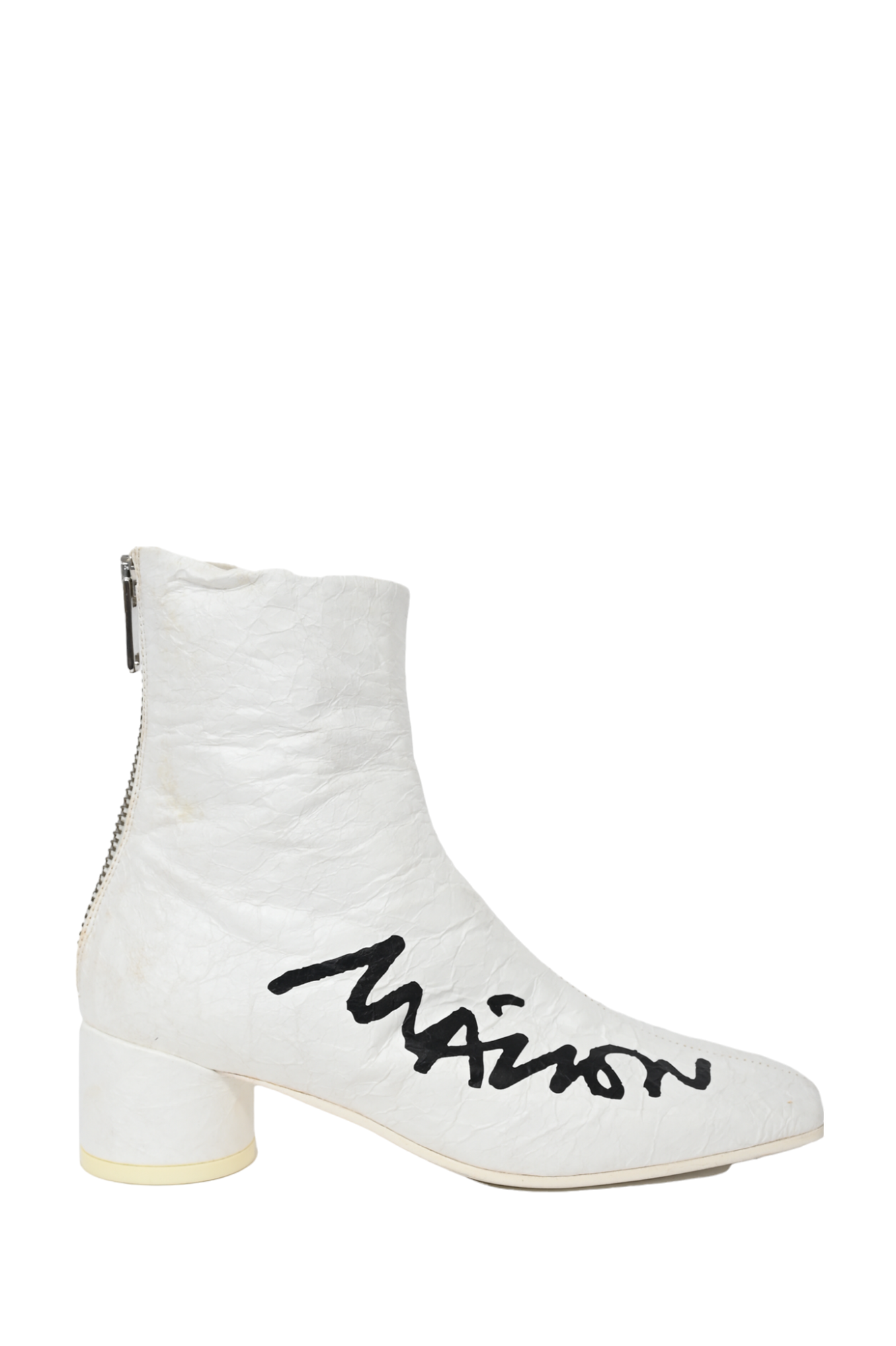 Maison Margiela White Crinkled Logo Heeled Boots Size 36