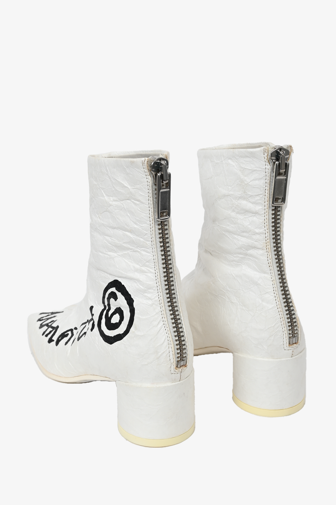 Maison Margiela White Crinkled Logo Heeled Boots Size 36