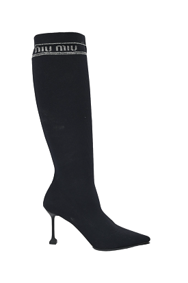 Miu Miu Black Stretch Knit Knee High Heeled Boots Size 36