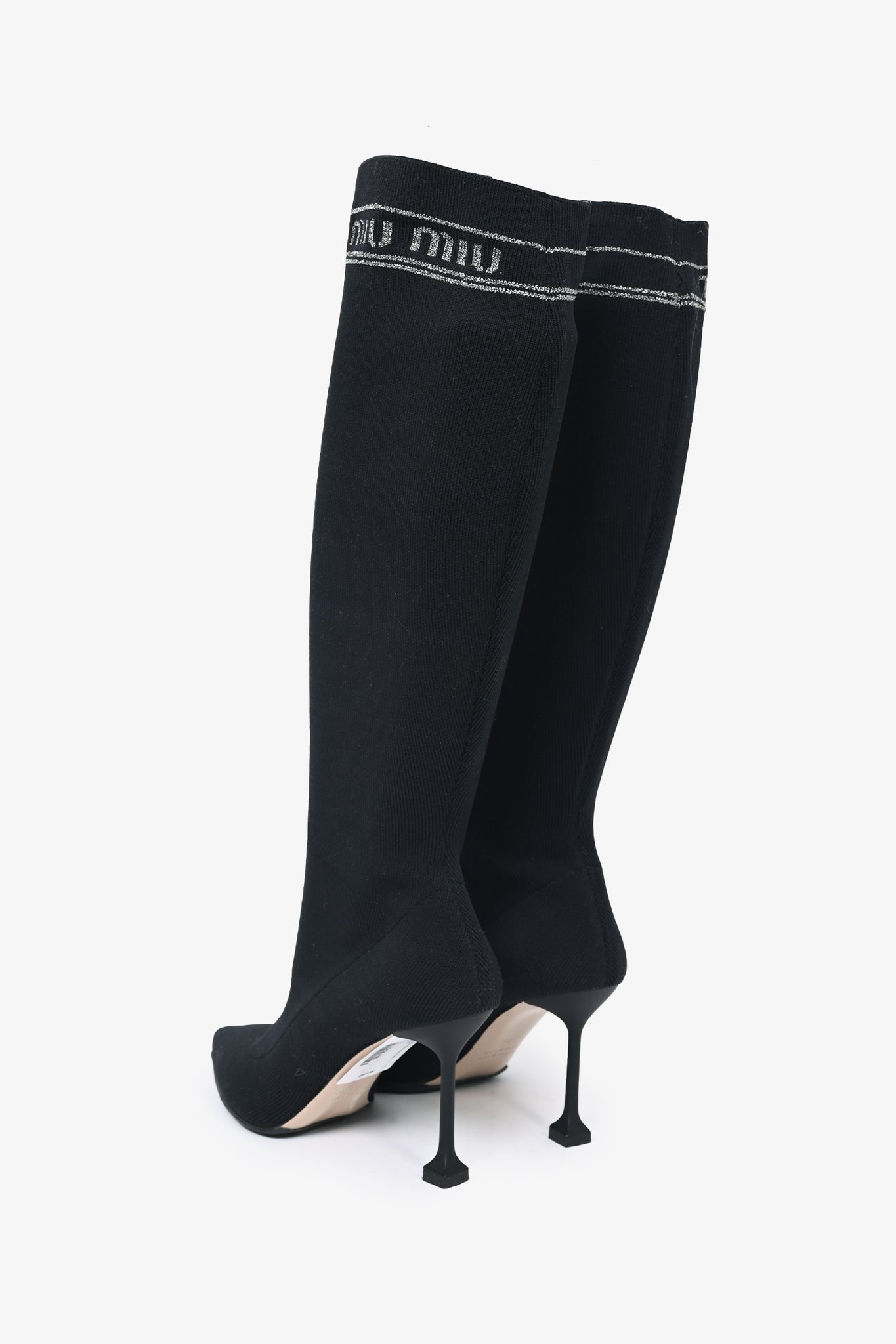 Miu Miu Black Stretch Knit Knee High Heeled Boots Size 36