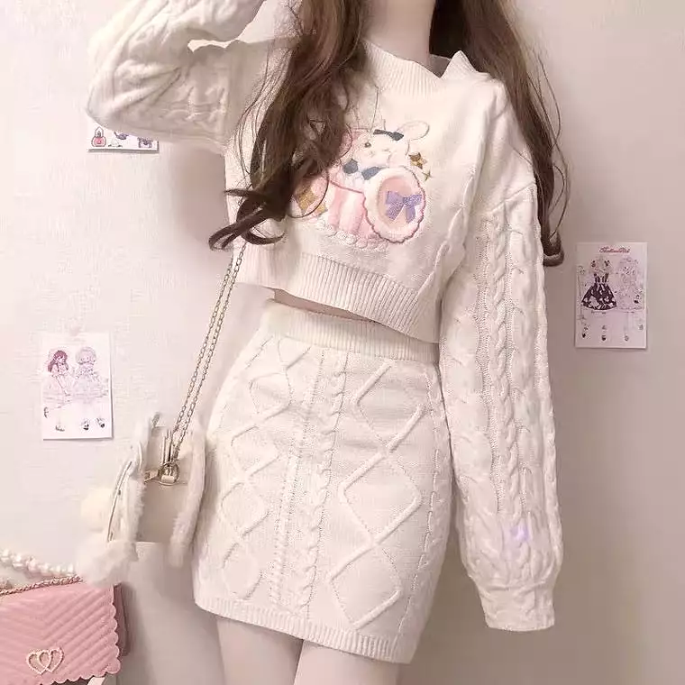 Pinky rabbit sweater one set too long sleeve + skirt cute outfit