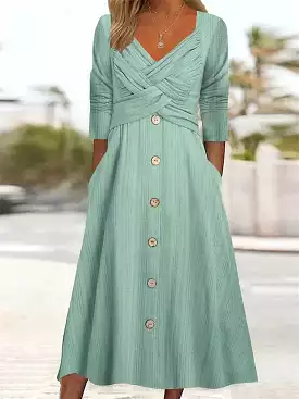 Pleated V Neck Midi Dress with Button Up and Ruched Detail in White, Purple, and Green