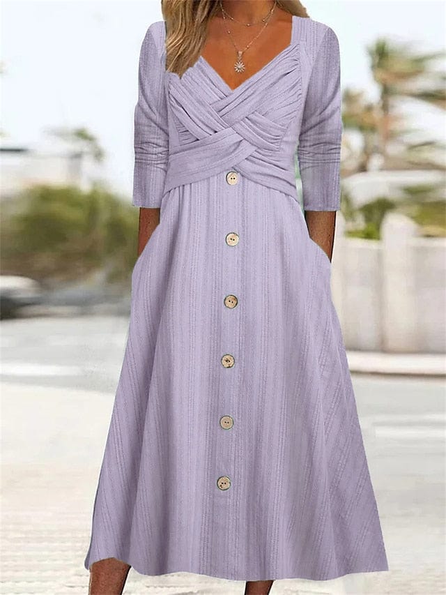 Pleated V Neck Midi Dress with Button Up and Ruched Detail in White, Purple, and Green