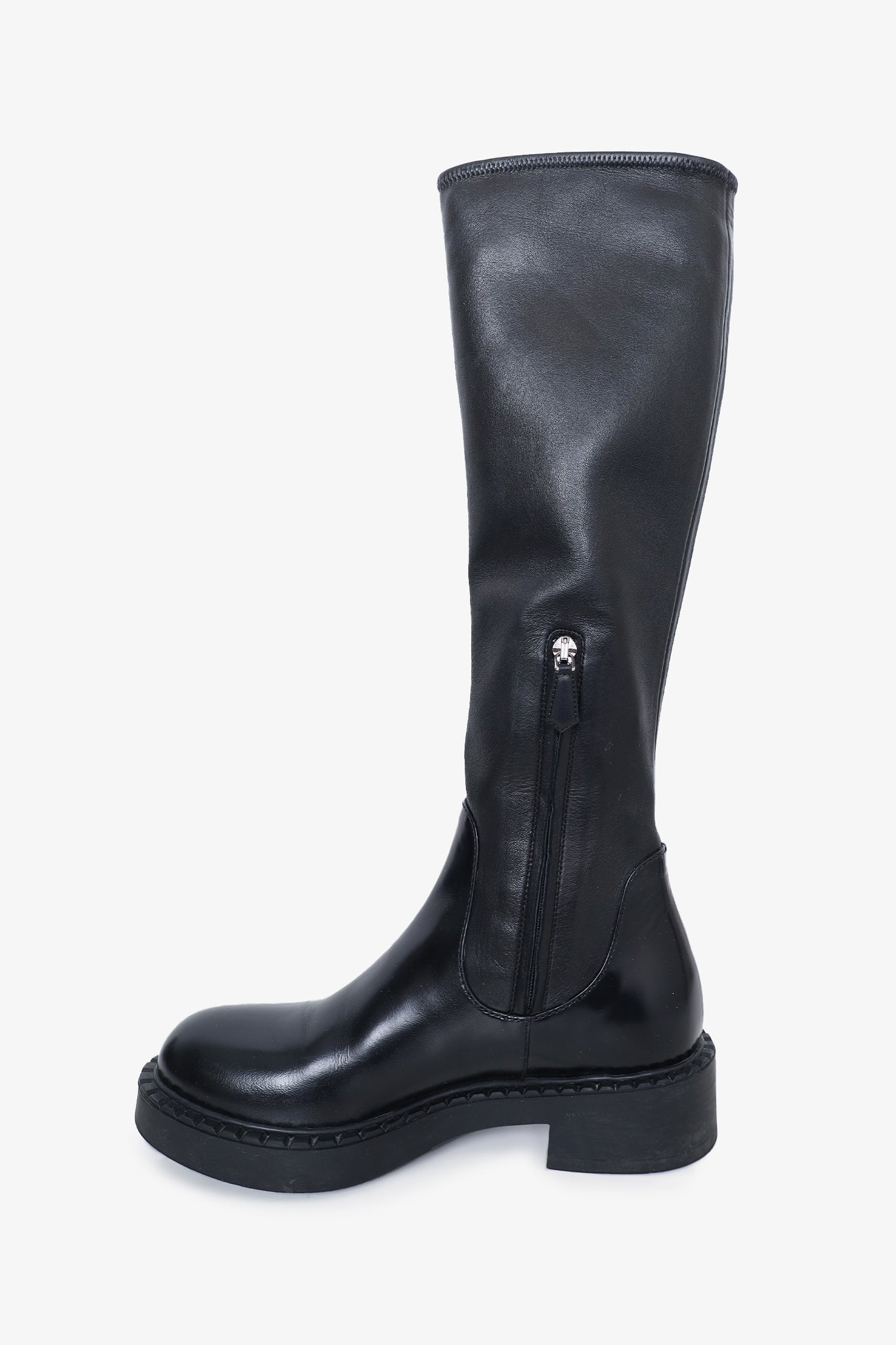 Prada Black Leather Stretch Napa Moto Knee Boots Size 36