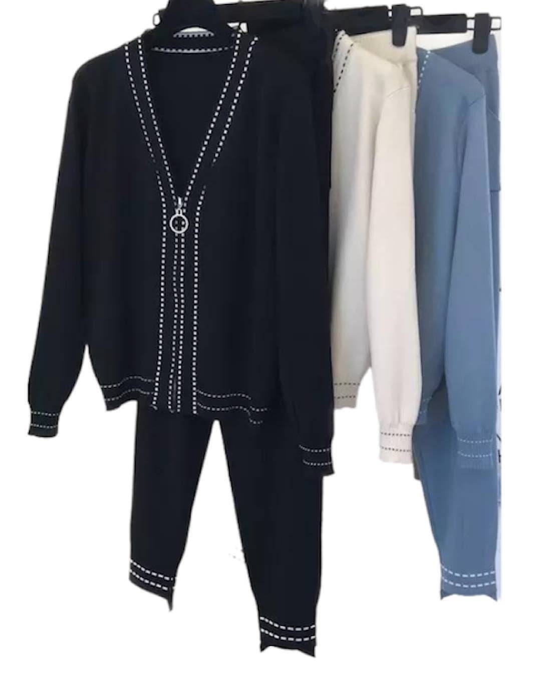 Ribbed Knit Zipper Cardigan And Trouser Two Piece Set