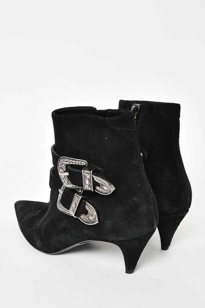 Saint Laurent Black Suede Silver Buckle Kitten Heel Boots Size 39