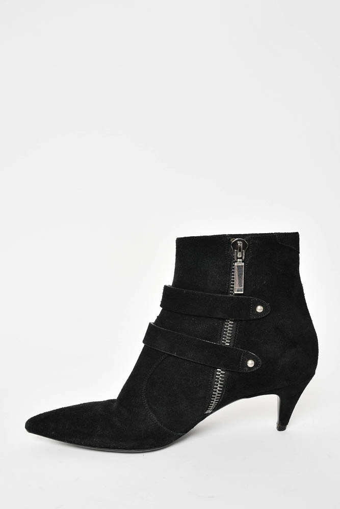 Saint Laurent Black Suede Silver Buckle Kitten Heel Boots Size 39