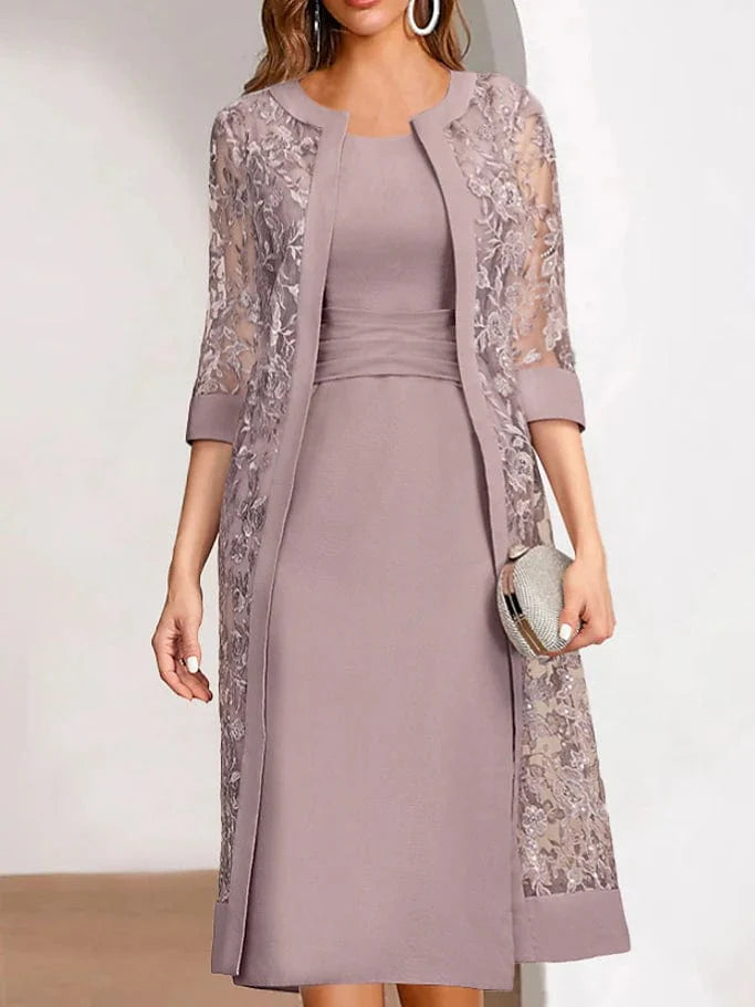 Summer Pink Lace Midi Dress Set with Mesh Top and Half Sleeves