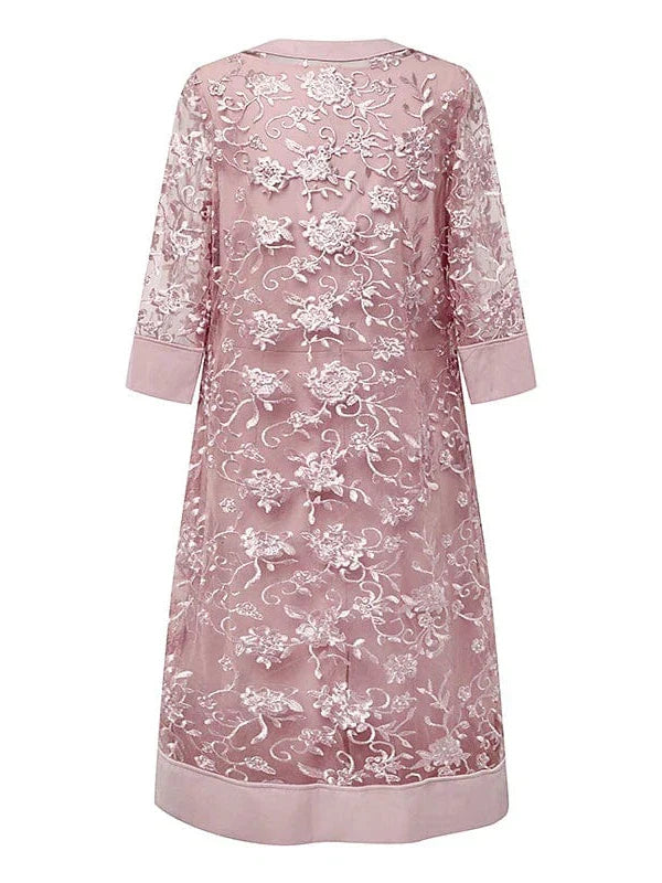 Summer Pink Lace Midi Dress Set with Mesh Top and Half Sleeves